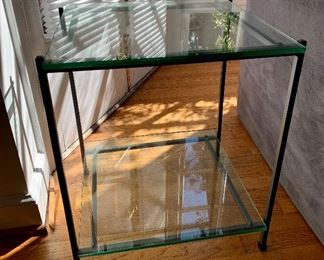 $160 -Glass and metal side table with one shelf; 22.5" H x 18" square