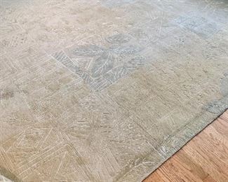 $495- Contemporary Tibetan style wool rug in neutral grays and beiges.  Stain and wear. 11' 3" x 8' 6"
