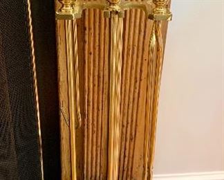 $120 - Brass five-piece fireplace tools and stand; 33.5" H