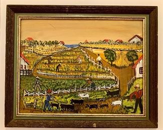 $495 -"Hog Farm"  Emma Lee Moss (Tennesse  1916 - 1993) signed and dated 1985 " 17" H x 21" L framed