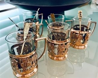 $60 - Set of six silver-plated Turkish style tea glasses with spoons