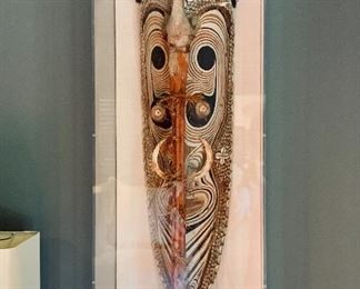 $625 - New Guinea Aboriginal  "Coming of Age" Ceremonial shield; framed in acrylic shadow box; 40.5"H x 14.5"W x 9.5"D