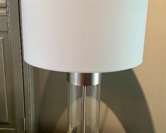 $225 - Pair of Crate and Barrel Avenue Nickel glass and metal lamps (1 of 2). 30"H x 15"D