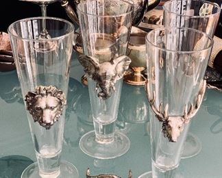 $40 - Four Arthur Court pilsner glasses with animal medallions (one as is)
