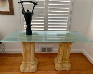 $550 - Glass top Corinthian console table