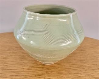 $60 - Celadon colored squat vase; 4" H x 5" diameter
