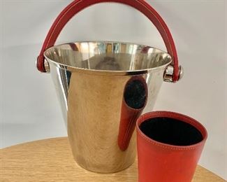 $45 - Metallic ice bucket with leather handle; 8" H x 10" W with leather cup