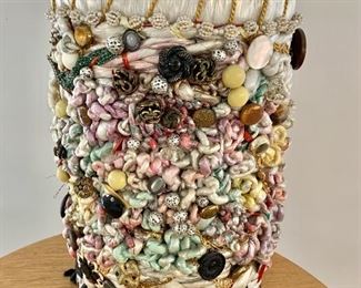 $120 - Hand-decorated "fantasy" wastebasket; 16" H x 9.5" L x 7" W