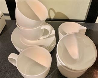 $30 - Six (6) white Crate & Barrel coffee cups and saucers; 4" H