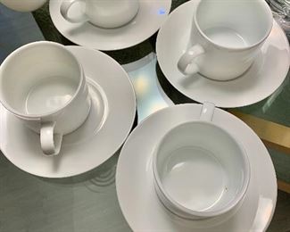 $20 - Four (4) white Crate & Barrel coffee mugs and saucers; 4" H