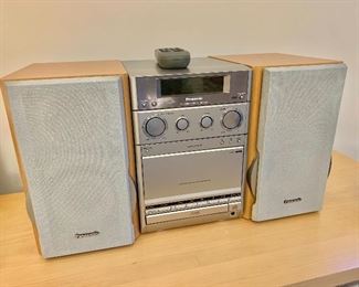 $95 - Panasonic two-speaker CD stereo system; 11" H x 20.5" L x 10" depth (when compressed together)
