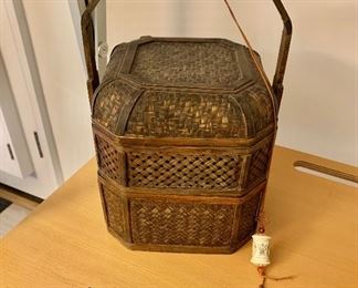 $40 - Chinoiserie basket with handle; 13.5" H x 9.5" L x 8.5" depth