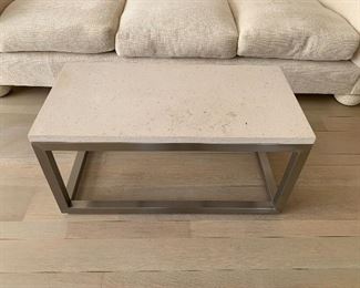 $225 - Metal and stone (travertine)contemporary table - Approx 17”D x 30”L x 19” H; PICK UP IN BETHESDA