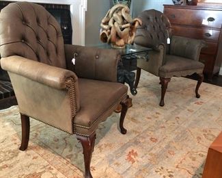 Tufted Leather Armchairs with Cabriole Legs (Pair).. 