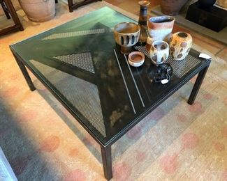 Industrial Style Coffee Table with Glass Top (37”x43”x19”)..