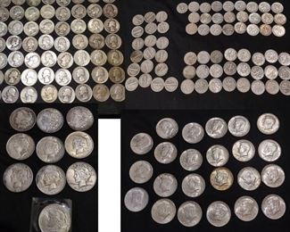 silver coins, peace and morgan dollar, Kennedy half, Franklin half, dimes, quarters