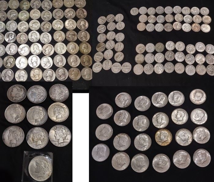 silver coins, peace and morgan dollar, Kennedy half, Franklin half, dimes, quarters