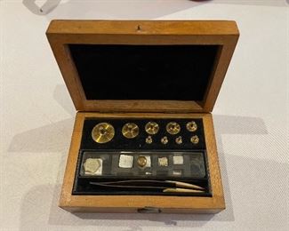 Vintage Brass Pharmacy Scale Weight & Tweezer Set Case - Science Apothecary. 