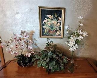 3 Floral Arrangements and Framed Floral Picture 16 x 20