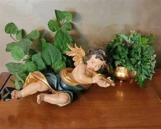 Angel Hand Carved in Italy (may sit or stand and marked LE on the back, and Greenery