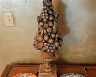 Very Heavy 26" Plaster Floral Arrangement and 2 Pottery Hand Painted Plates