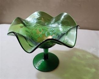 Green Carnival Glass Dish, Footed, Burr Leaf