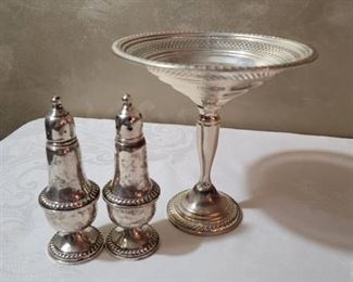 Sterling Silver Weighted Salt and Pepper Shakers and Sterling Silver Weighted Pedestal Dish