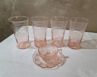 Pink Depression Glass: 4 Glasses and Childs Cup/Saucer called "Cherry Blossom"