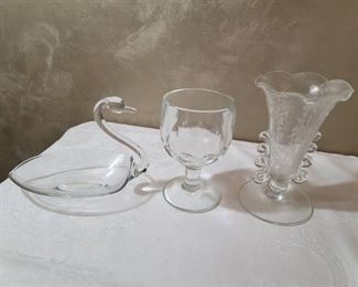 Clear Glass Swan, Vase, and Goblet