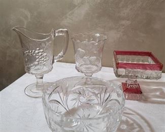 Cranberry and Clear Pressed Glass Pedestal Dish (no lid), Clear Glass Fruit Pattern Footed Cream and Sugar Dishes, and Clear Glass Dish