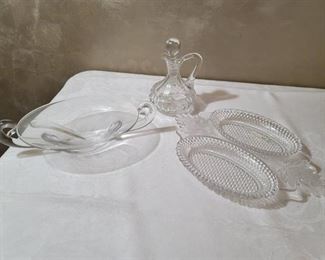 Clear Glass Double Relish Dish (been in family since 1887), 6" tall Clear Glass Vinegar Cruet, and Clear Handled Jelly Dish with Spoon