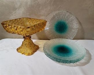 Gold Colored Pedestal Candy Dish and 4 Clear and Blue Plates