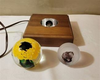 2 Blown Glass Paperweights and Lighted Base