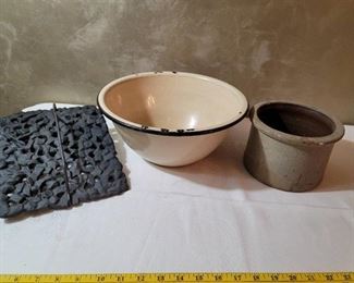 Enamel Bowl, Crock Bowl, and 2 Bacon/Burger Presses