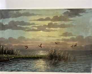 Oil Painting Mallard Ducks Flying Over Water - Signed Wijsman