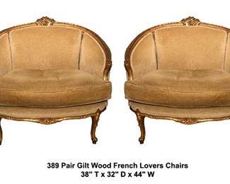 389 Pair French Gilt Wood Lovers Chairs 1200.00