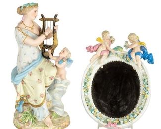 Bisque Lady with Harp and Cherubs with Porcelain Mirror