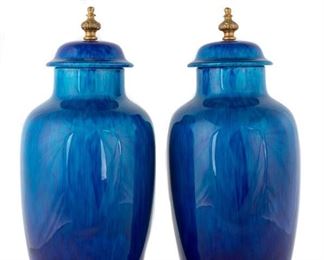 Pair of French Sèvres Porcelain Cobalt Blue Covered Vases