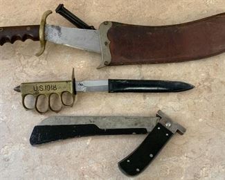 (3) Knives, Trench Knife, Cattaraugus Folder, Bolo Knife Cattaraugus