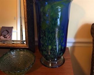 Lovely Cobalt blown Glass Vase. Great pottery bowl