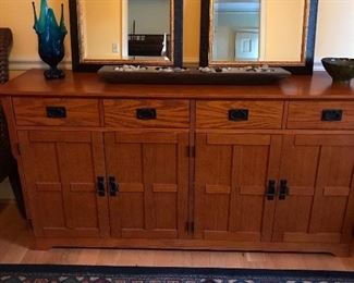 "Mission Style" Buffet/console - oak finish. 2 beveled mirrors.