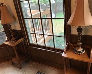 Lovely Maple Telephone Tables. Candlestick style lamps and shades