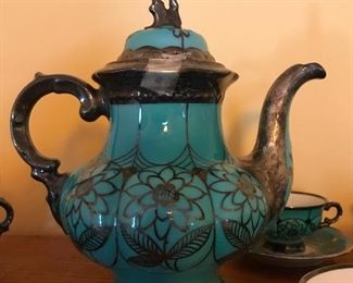 Beautiful Turquoise and Silver Overlay Hutschenreuther Hohenbeg Germany Tea Set 9 pcs. Teapot, Cream and Sugar, 6 cups and Saucer