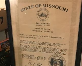 Roy Blunt State of Missouri framed certificate