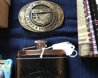 Belt buckles and flask