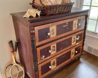 Antique embellished dresser, large shell lot, vintage tennis racquets 