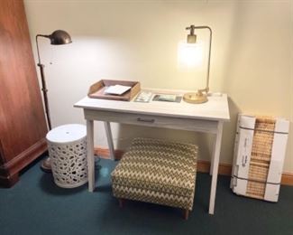 Modern small desk, brass floor lamp , modern table lamp, vintage stool