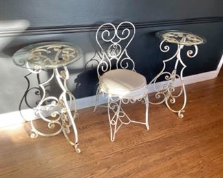 Cast iron chair and pair of side tables 