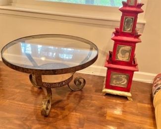 Antique round metal glass top coffee table, antique mirrored pagoda 