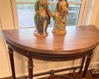 Half circle antique table, vintage Italian sculptures 